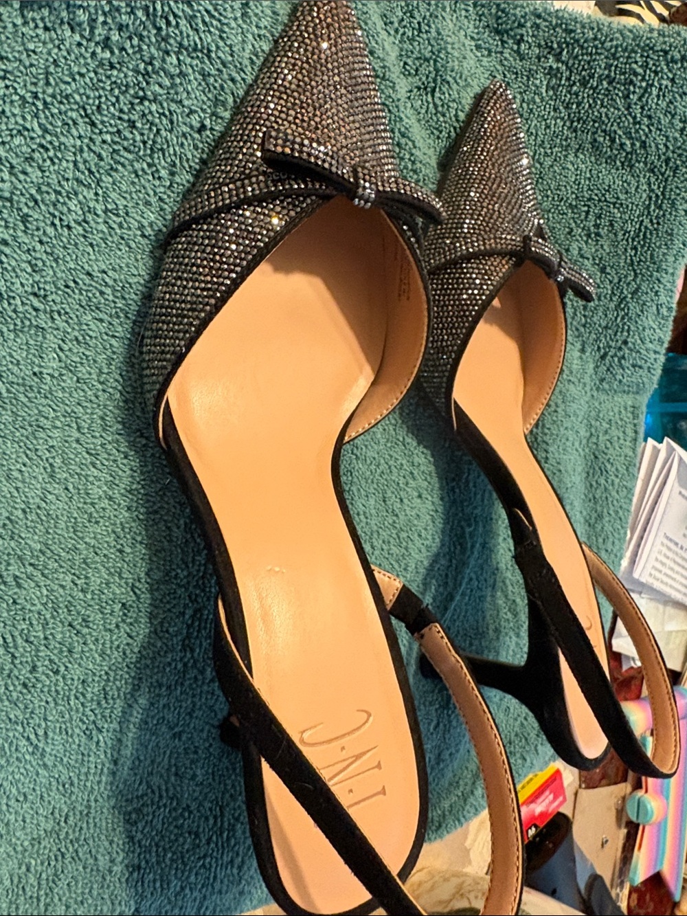 Embellished Pointed Toe Slingback 2”heels in Black & pewter